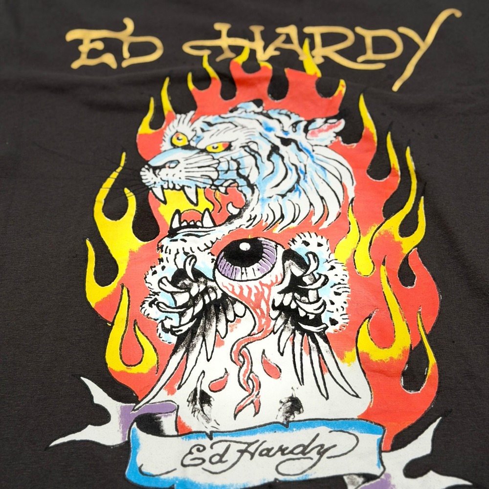 Ed Hardy Mens XL Sunfade Tiger Flames Tattoo Art Y2K Black Tee NWT
